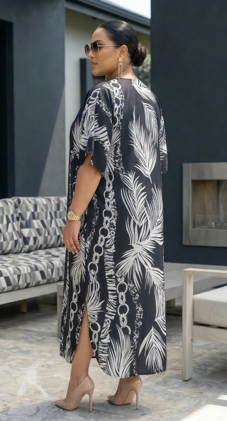 Black and White Tropical Polyester Women Plus Size Kaftan Brunch Dress