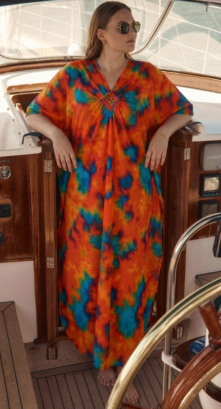 Orange Tie Dye Polyester Women Plus Size Kaftan Festival Dress 1X-3X