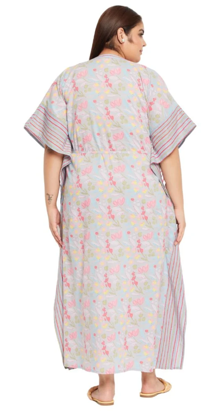 GypsieBlu Gray Floral Plus Size Cotton Kaftan Dress for Women 3/4 Sleeve 1X-3X
