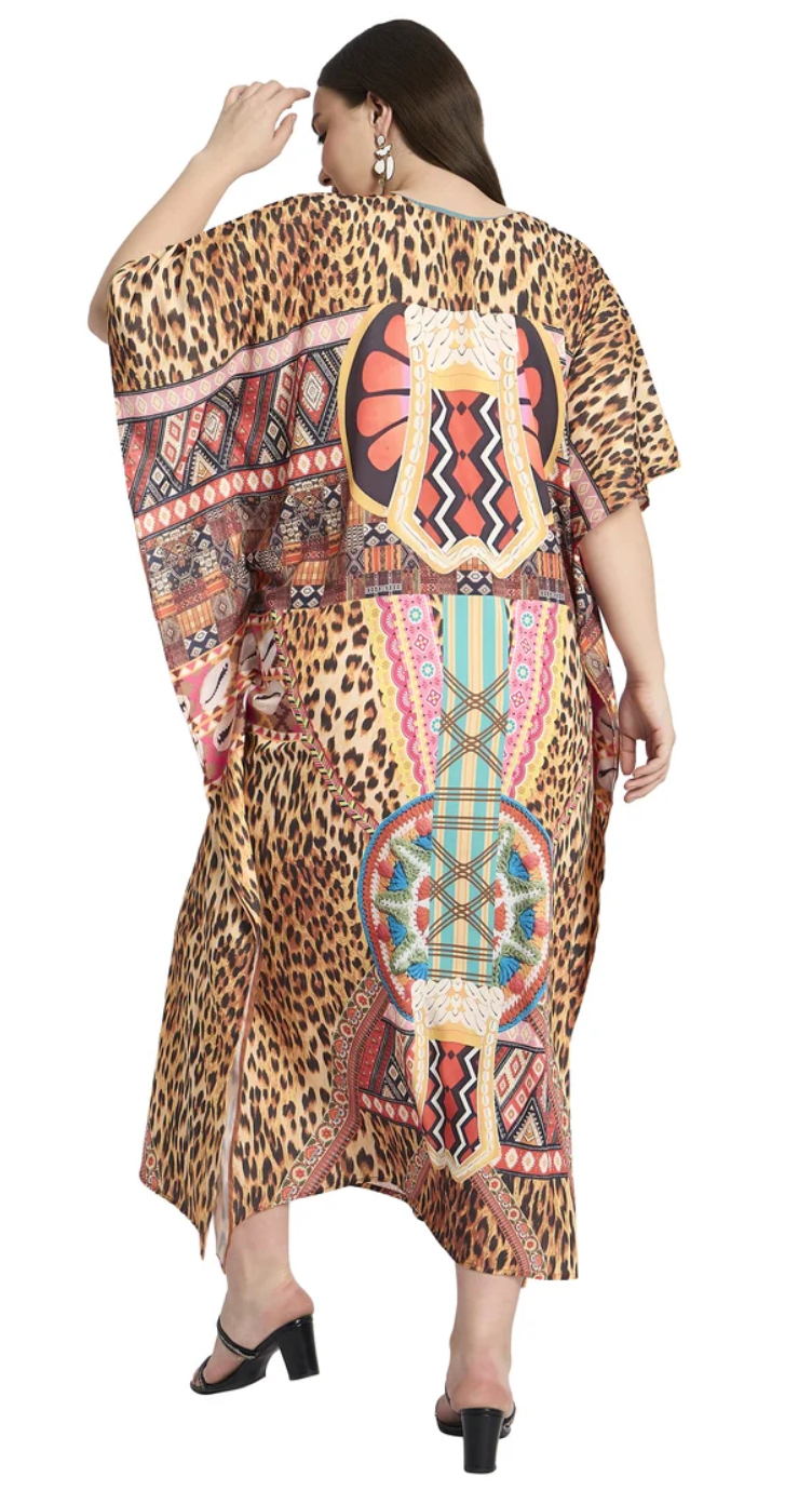 Light Brown Leopard Tribal Polyester Plus Size Kaftan for Women 1X-3X | GypsieBlu