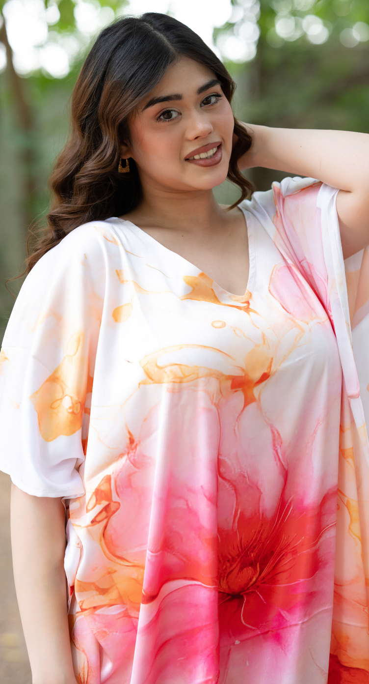 Floral Light Pink Satin Silk Women Plus Size Kaftan Lounge Dress