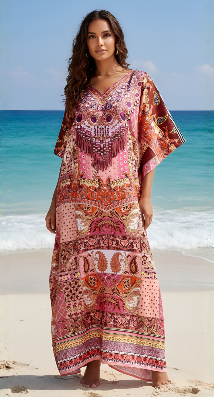 Ornamental Red Satin Silk Caftan Dress For Women Plus Size