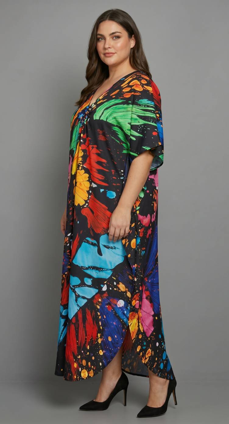 Black Butterfly Polyester Women Plus Size Kaftan Elegant Dress 1X-3X