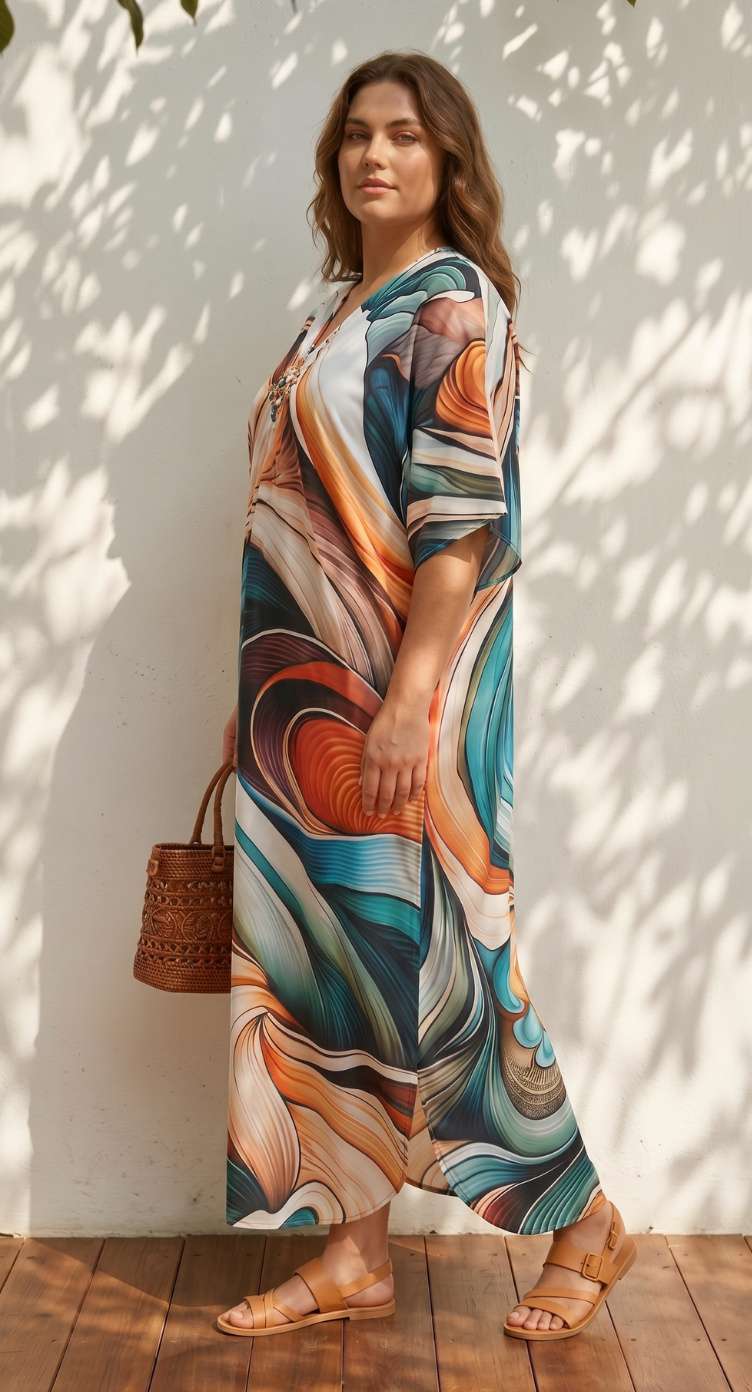 Teal Abstract Print Polyester Women Plus Size Kaftan Vacation Dress 1X-3X
