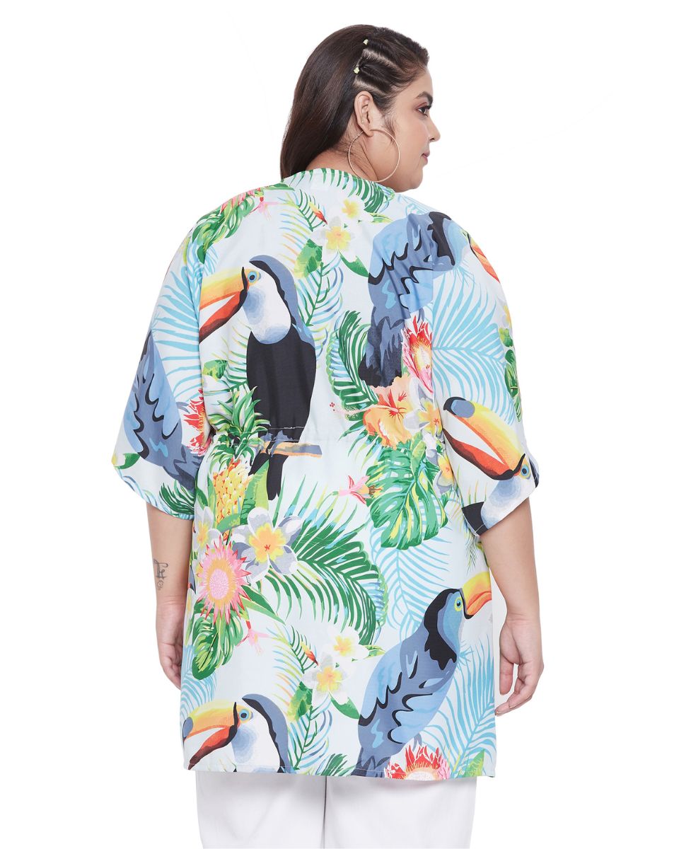 Floral Printed Blue Polyester Cover Up For Plus Size Women