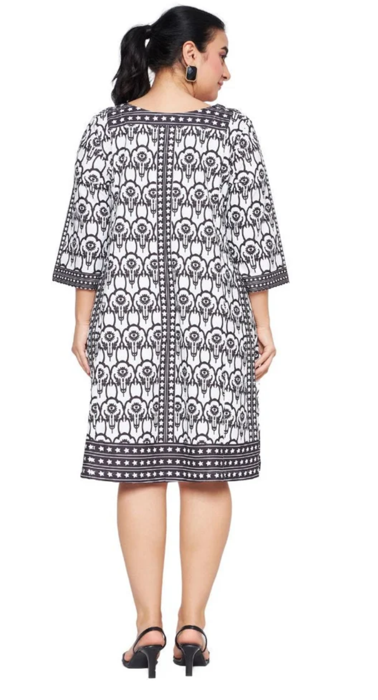White Floral Polyester Plus Size Dress for Women 1X-3X 3/4 Sleeve | GypsieBlu