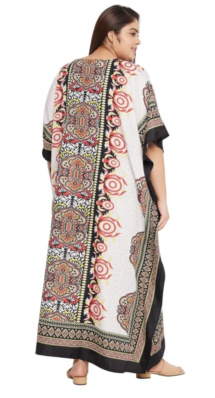 White Dashiki Medallion Polyester Plus Size Kaftan for Women 1X-3X | GypsieBlu