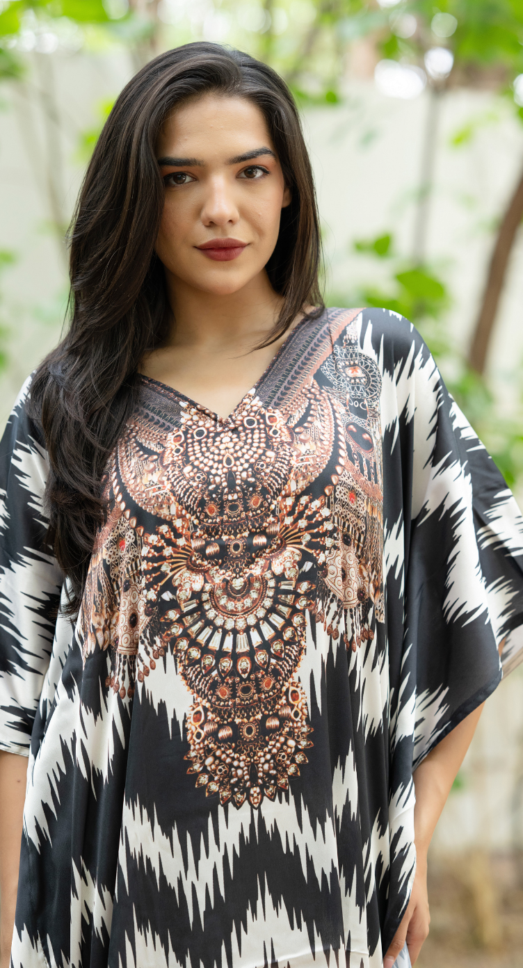 Black Cream Ikat Satin Women Plus Size Kaftan Brunch Dress - SKU KAF152-1092 - Gypsie Blu