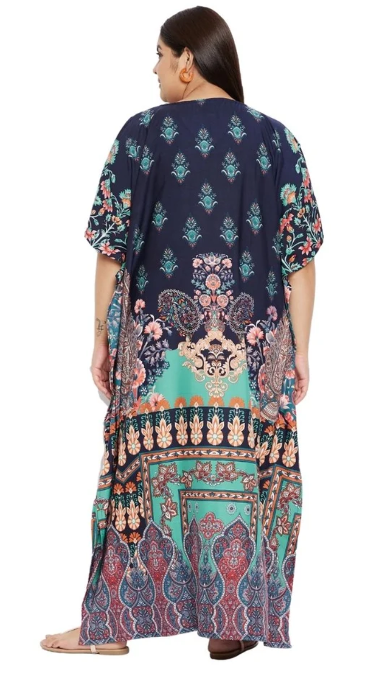 Multicolor Navy Paisley Border Plus Size Kaftan for Women 1X-3X V Neck | GypsieBlu