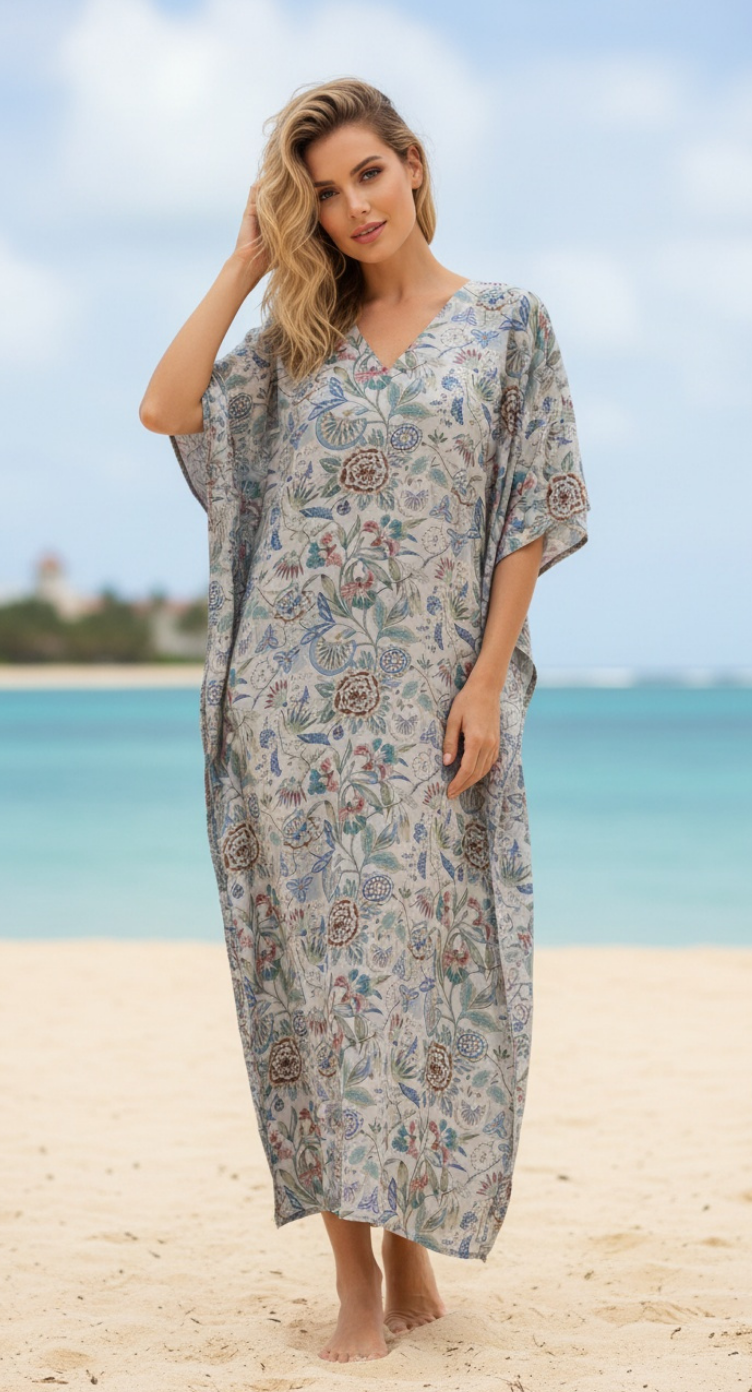 Floral Print Polyester Plus Size Kimono Sleeves Kaftan