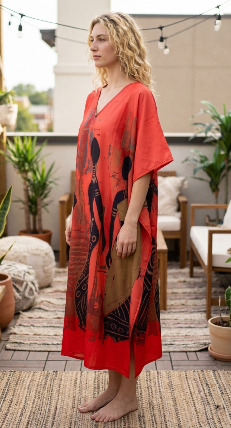 Red Tribal Polyester Women Plus Size Kaftan Evening Dress