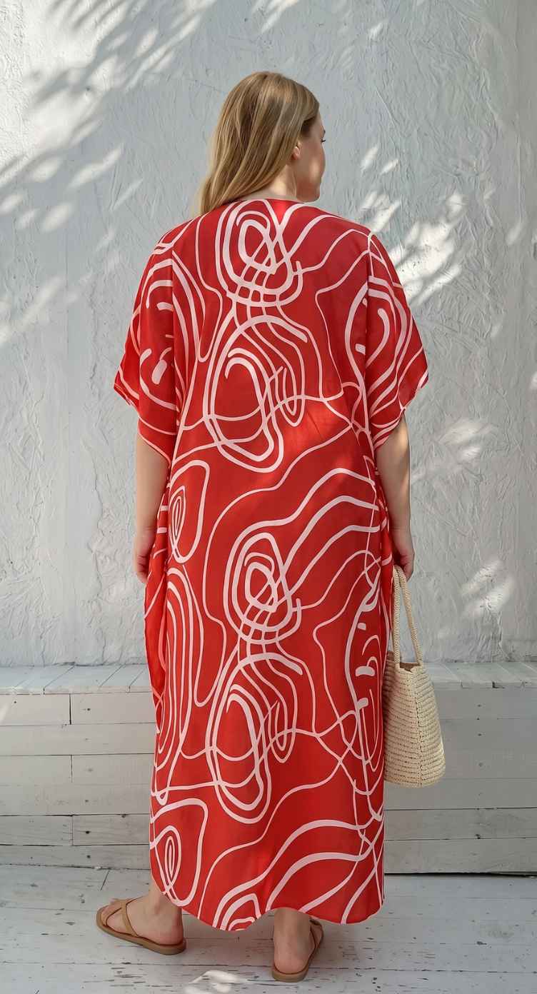 Red Abstract Print Polyester Women Plus Size Kaftan Pool Party Dress 1X-3X