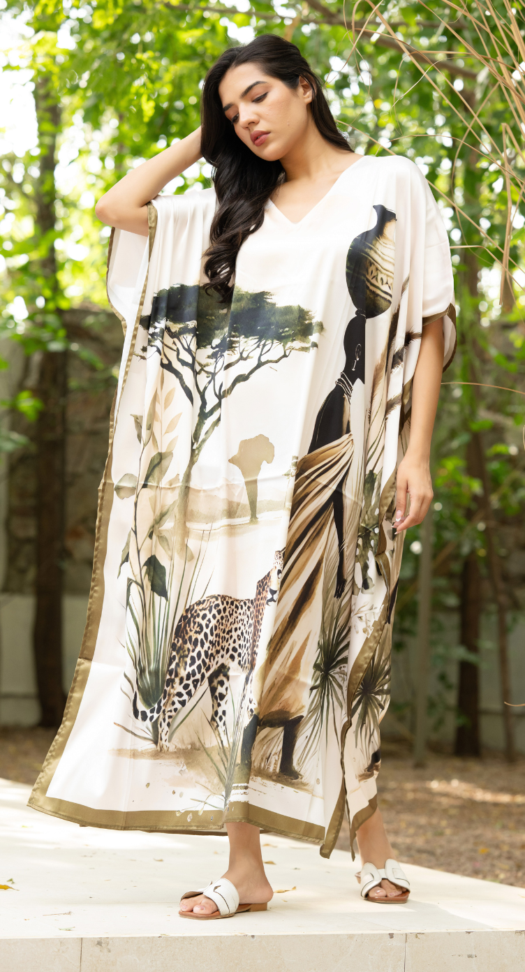 Wildlife Print Cream Satin Plus Size Women Resort Caftan