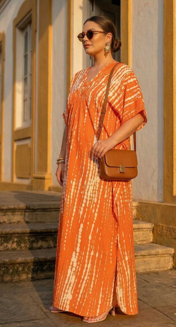 Orange Tie Dye Polyester Women Plus Size Kaftan Vacation Dress 1X-3X