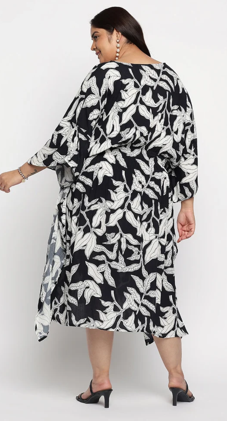 White Botanical Leaf Rayon Plus Size Kaftan for Women 1X-3X | GypsieBlu