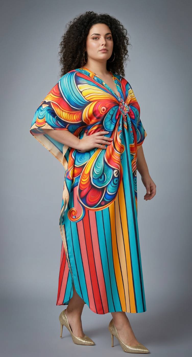 Turquoise Butterfly Print Polyester Women Plus Size Kaftan Vacation Dress 1X-3X