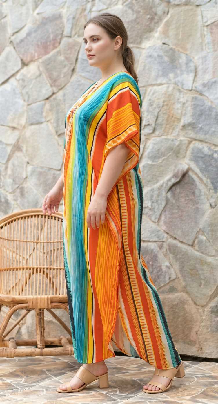 Multicolor Striped Polyester Women Plus Size Kaftan Beach Maxi Dress 1X-3X