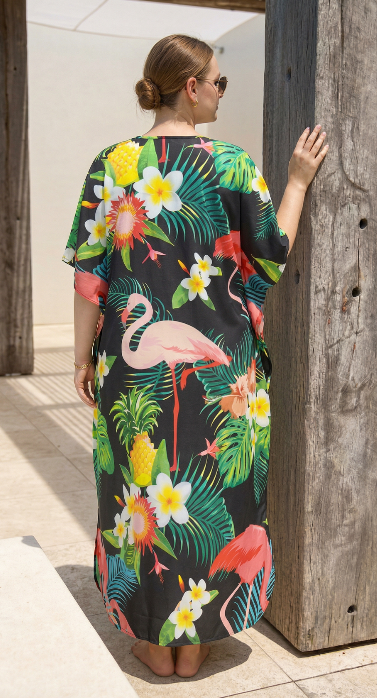 Black Tropical Polyester Women Plus Size Kaftan Resort Dress