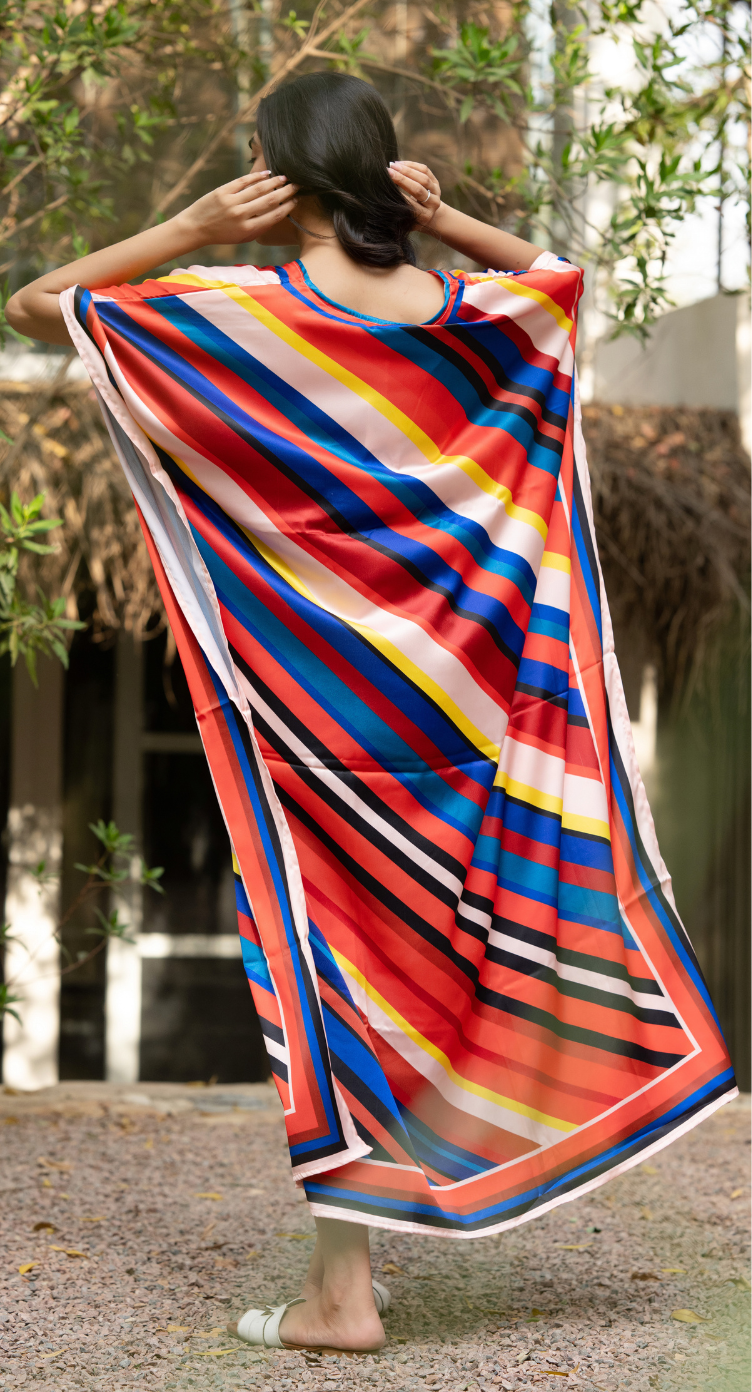 Women Striped Multicolor Satin Plus Size Boho Kaftan Dress