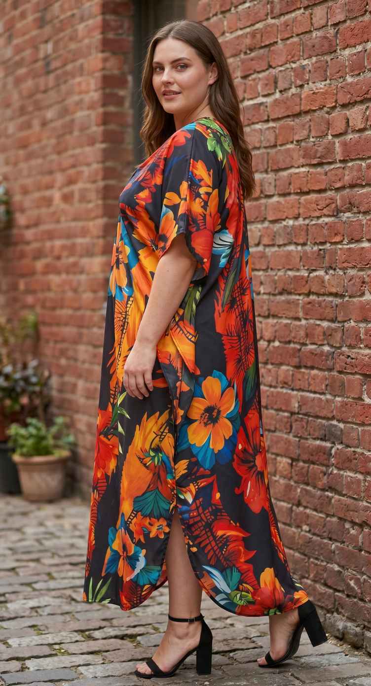 Black Tropical Print Polyester Women Plus Size Kaftan Vacation Dress 1X-3X