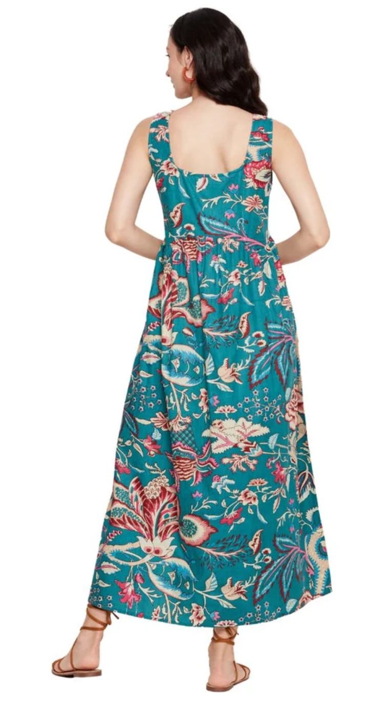 Bold Turquoise Floral Cotton Maxi Dress for Women S-XL Sleeveless | GypsieBlu