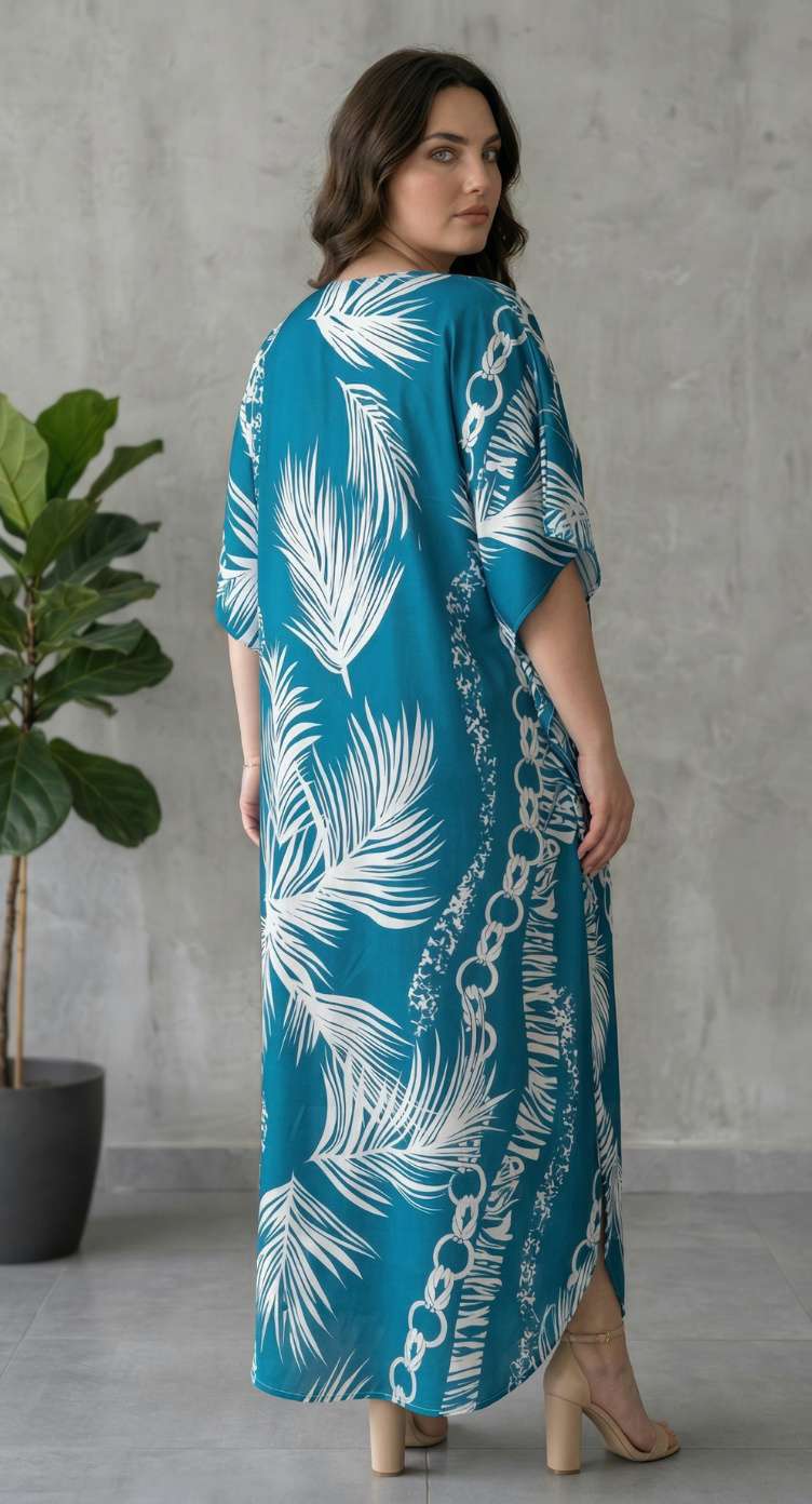 Teal Blue Tropical Polyester Women Plus Size Kaftan Beach Dress 1X-3X