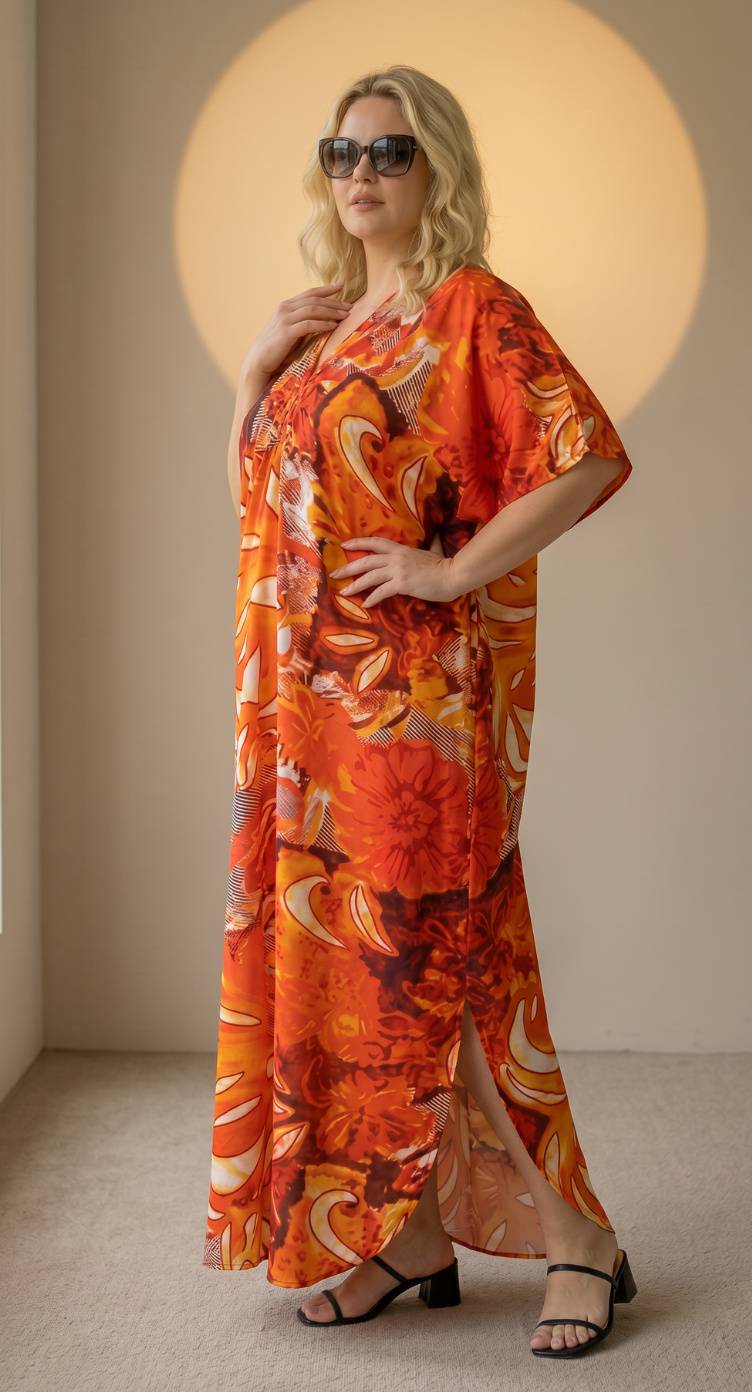Rust Orange Tropical Print Polyester Women Plus Size Kaftan Tropical Maxi Dress 1X-3X