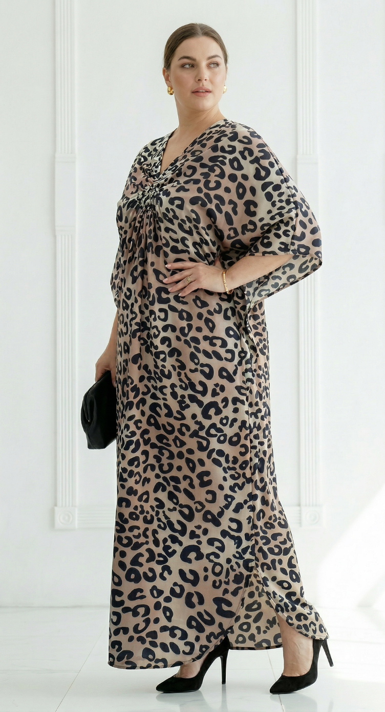 Brown Leopard Polyester Women Plus Size Kaftan Party Dress