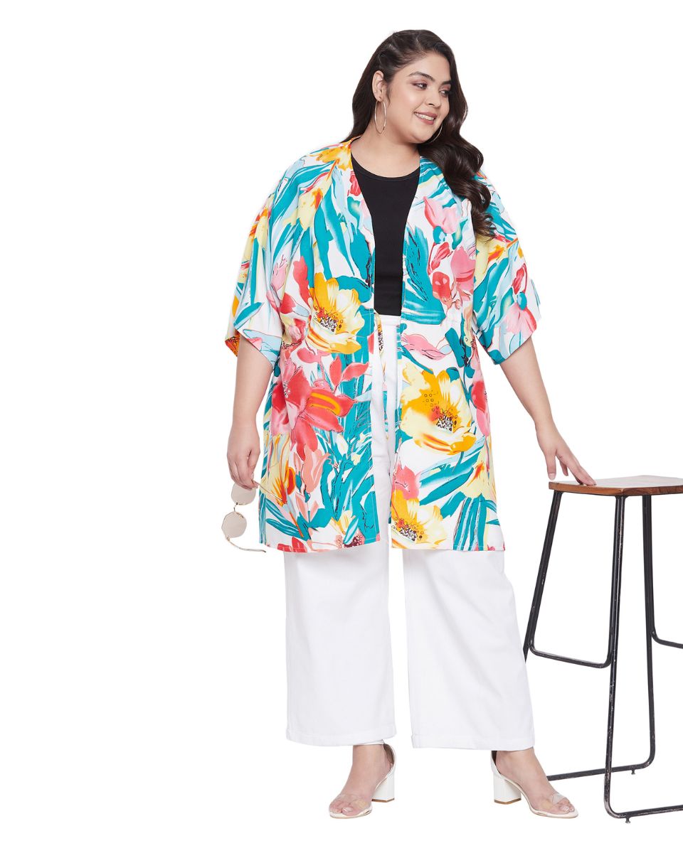 Floral Print Sky Blue Polyester Plus Size Cover Up For Women