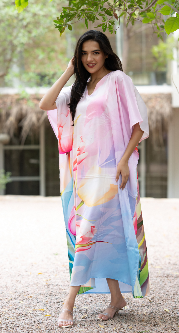 Floral Pastel Satin Silk Women Plus Size Kaftan Resort Dress