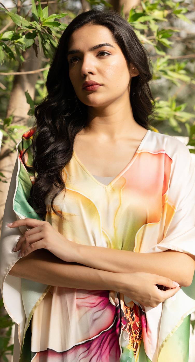 Floral Abstract Satin Silk Women Plus Size Kaftan Resort Dress