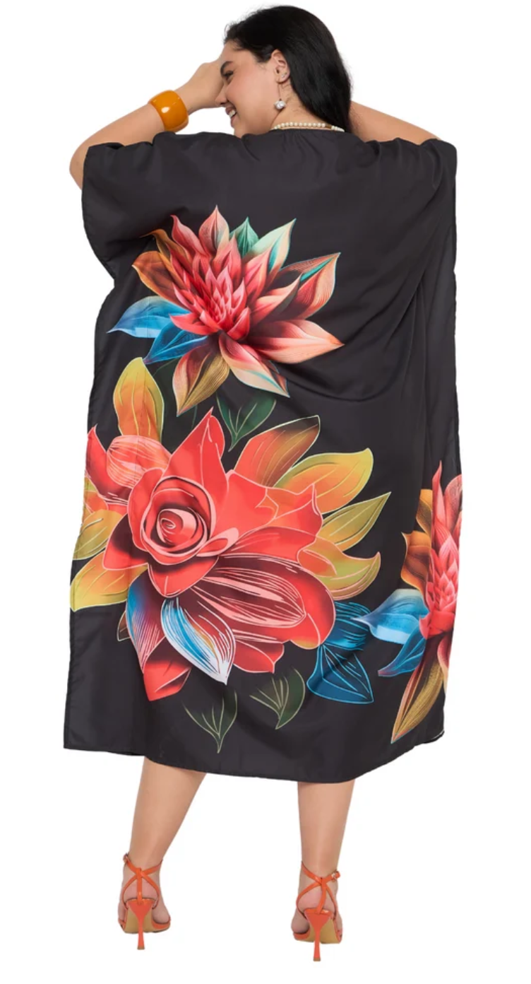 Black Tropical Floral Polyester Plus Size Kaftan for Women 1X-3X | GypsieBlu