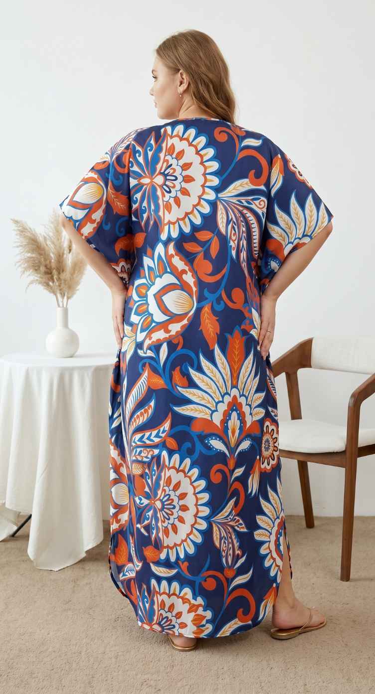 Royal Blue Floral Print Polyester Women Plus Size Kaftan Island Dress 1X-3X