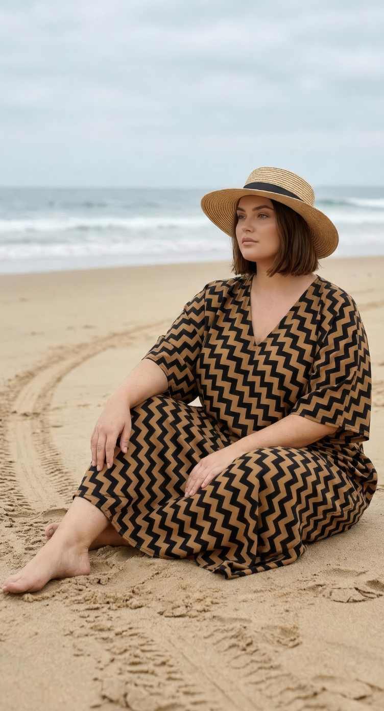 Brown Chevron Polyester Women Plus Size Kaftan Resort Dress 1X-3X - SKU KT52-1002 - Gypsie Blu