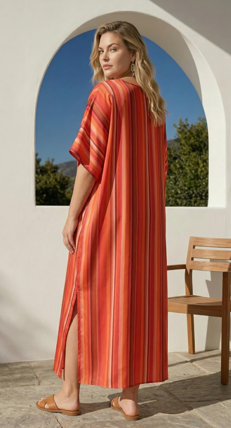 Orange Striped Polyester Women Plus Size Kaftan Casual Dress