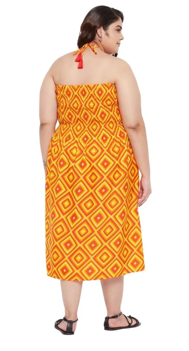 Orange Geometric Polyester Plus Size Tube Dress for Women 1X-3X | GypsieBlu