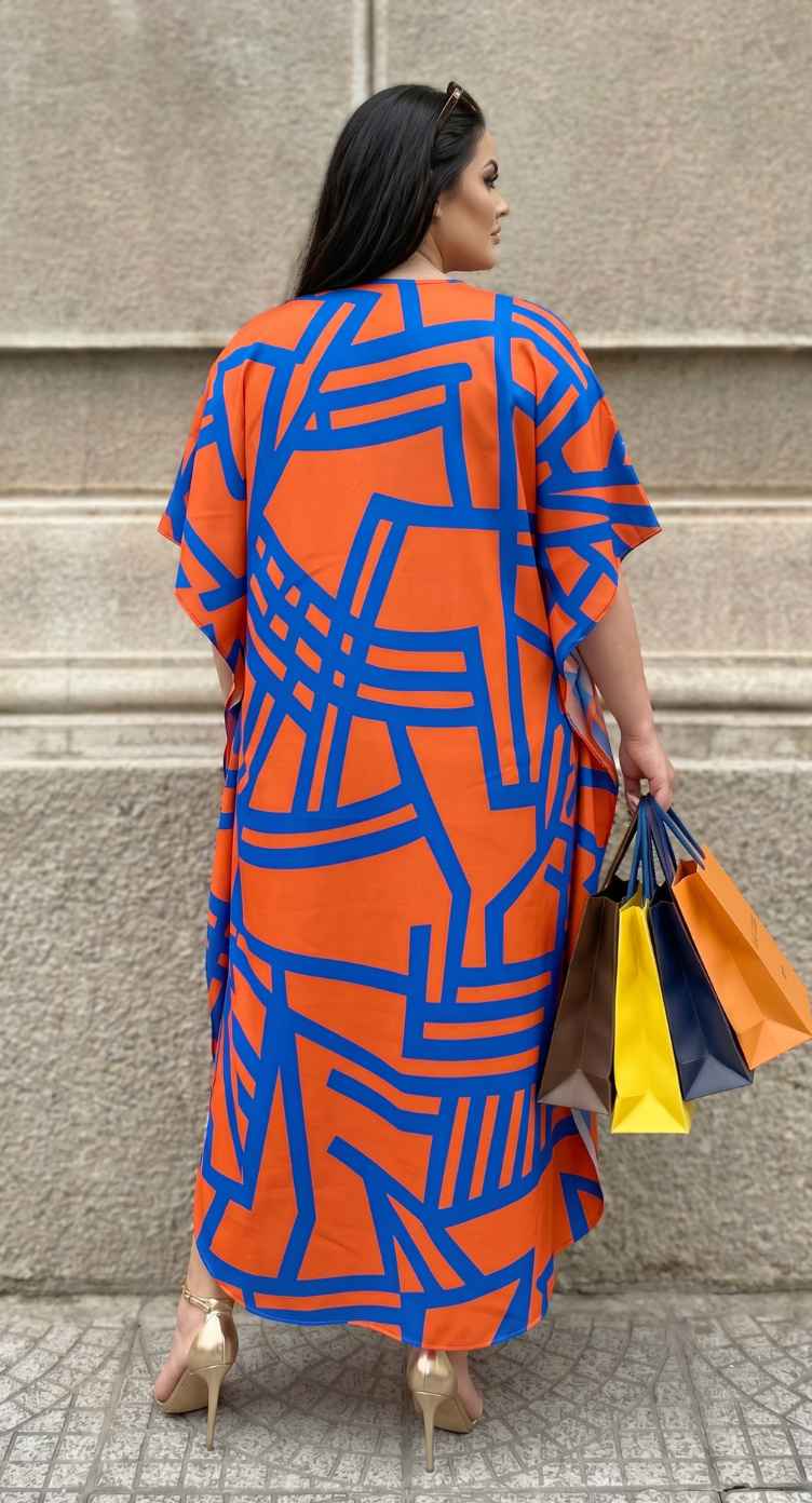 Bright Orange Geometric Print Polyester Women Plus Size Kaftan Holiday Dress 1X-3X