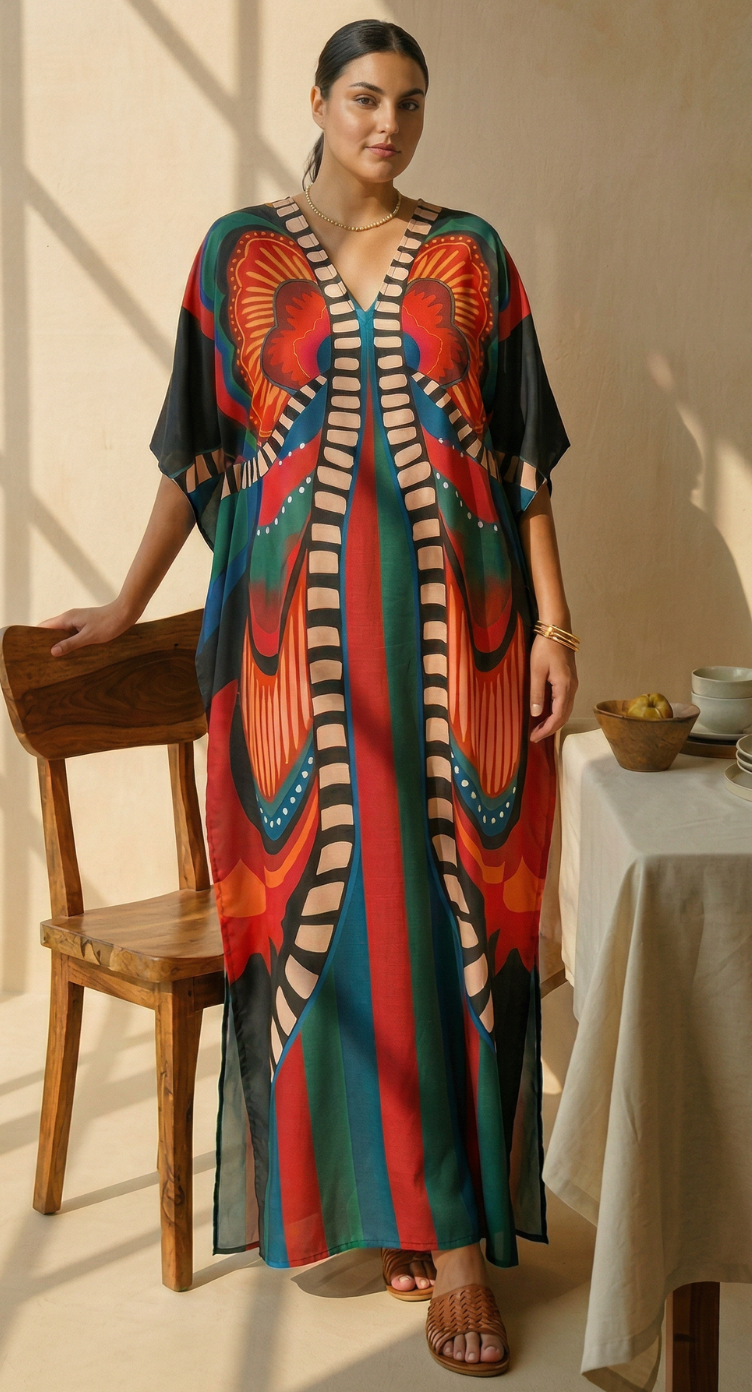 Orange Butterfly Polyester Women Plus Size Kaftan Vacation Dress 1X-3X - SKU KT52-1003 - Gypsie Blu