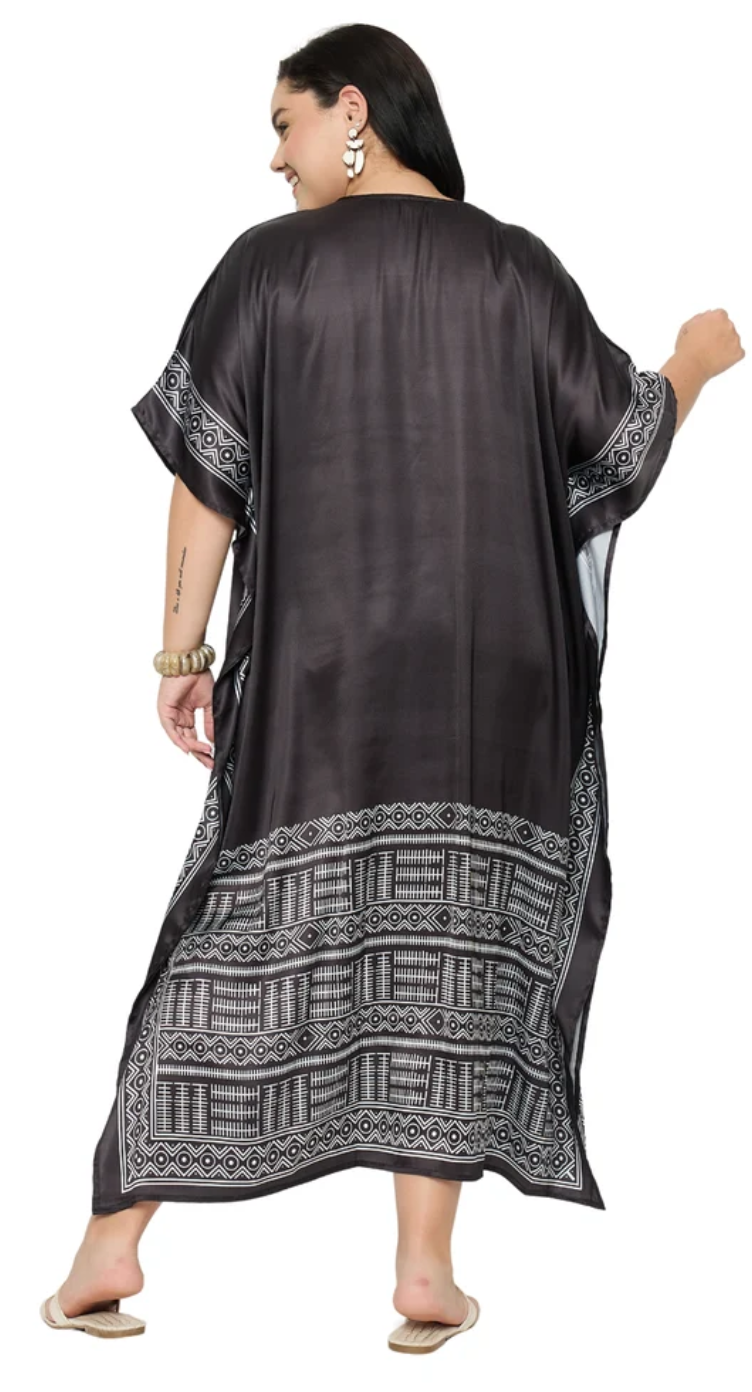 Black Bordered Tribal Satin Plus Size Kaftan Dress for Women 1X-3X 3/4 Sleeve | GypsieBlu