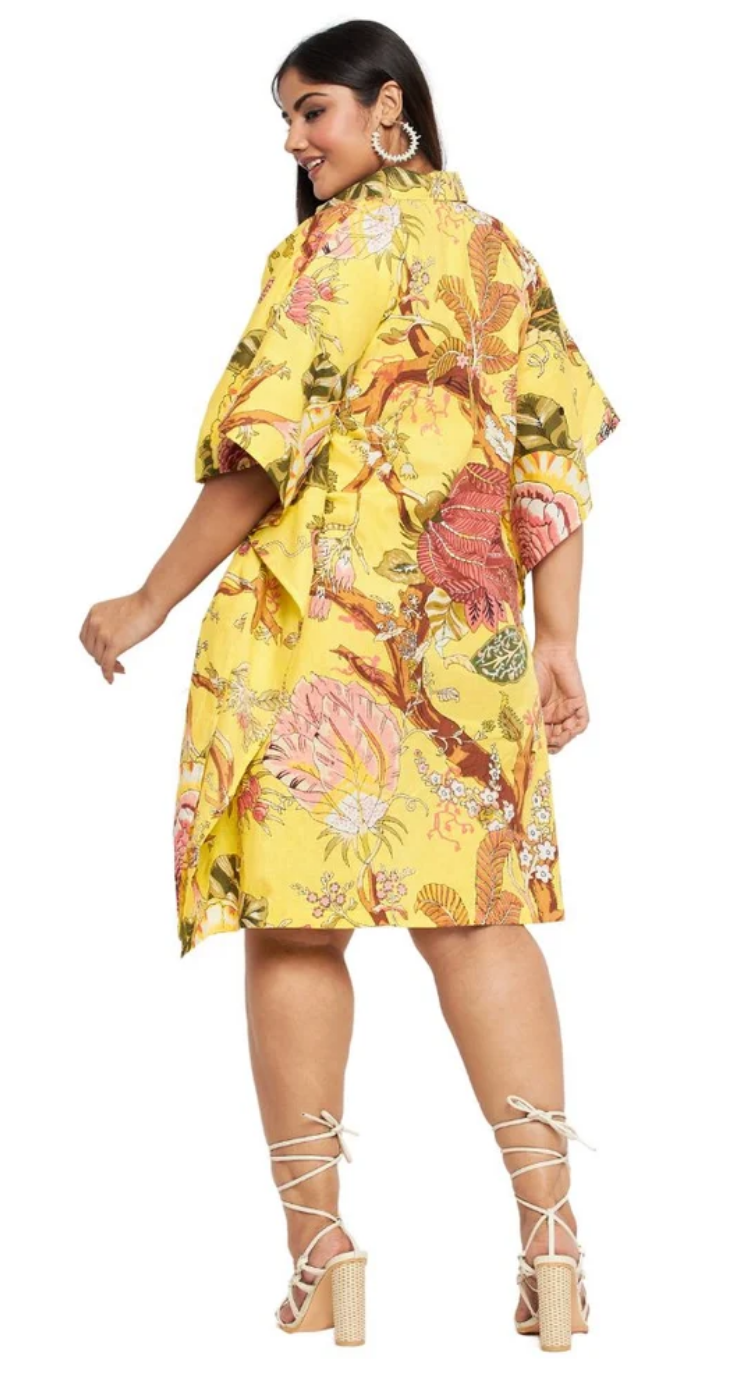 Yellow Floral Cotton Plus Size Tunic for Women 1X-3X 3/4 Sleeve | GypsieBlu