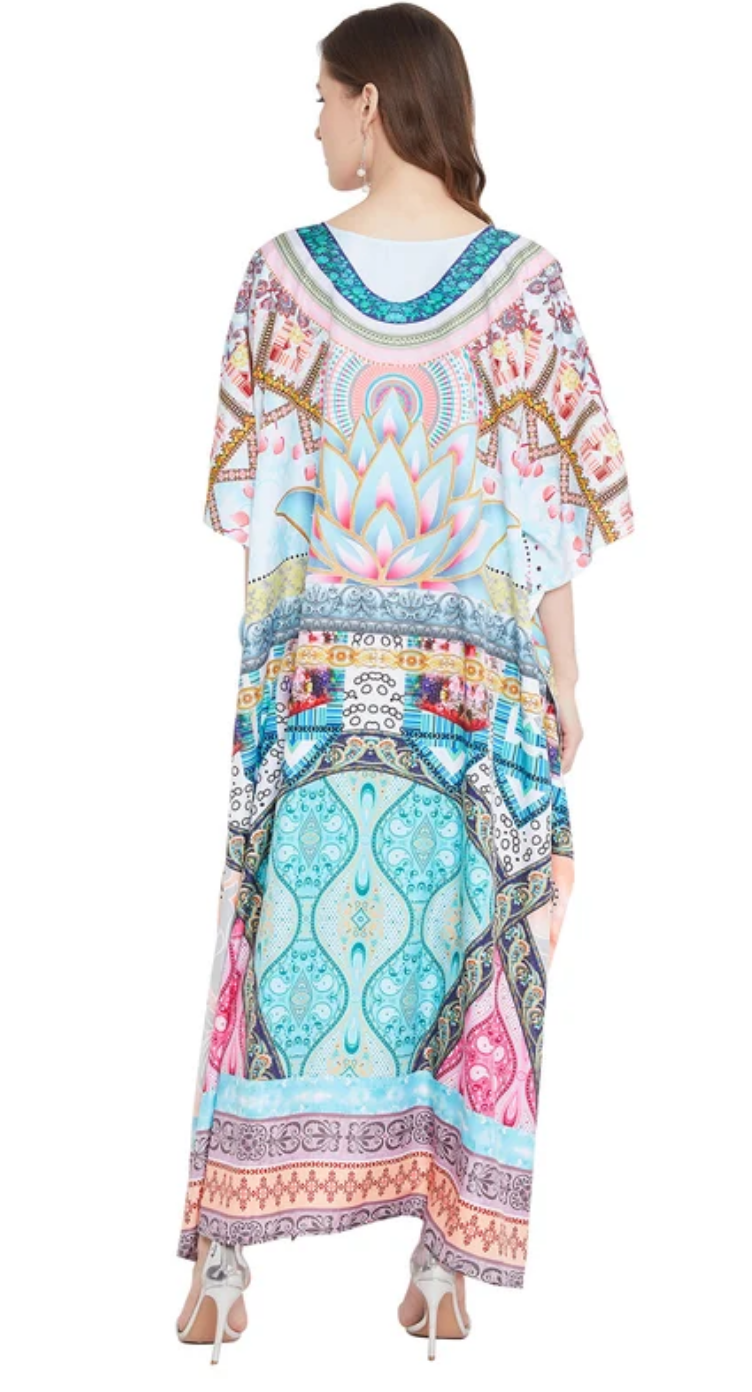 Turquoise & Pink Scarf Paisley Polyester Plus Size Kaftan Dress for Women 1X-3X | GypsieBlu