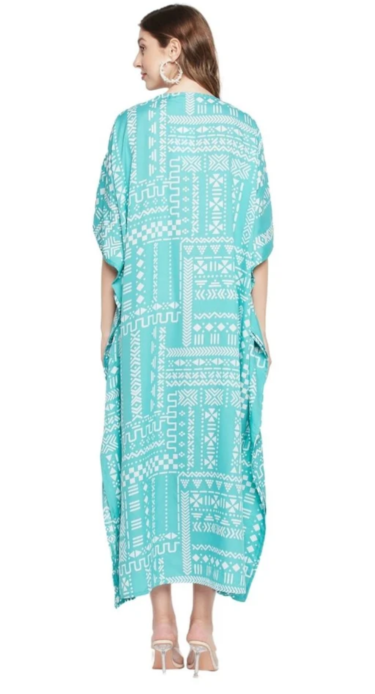 Turquoise Tribal Patchwork Polyester Plus Size Kaftan for Women 1X-3X | GypsieBlu