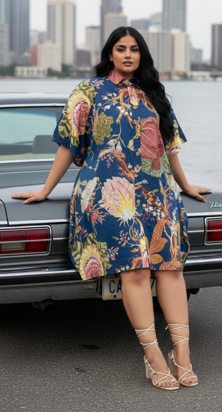 Floral Print Blue Cotton Collared Neck Front Button Tunic Top For Plus Size Women