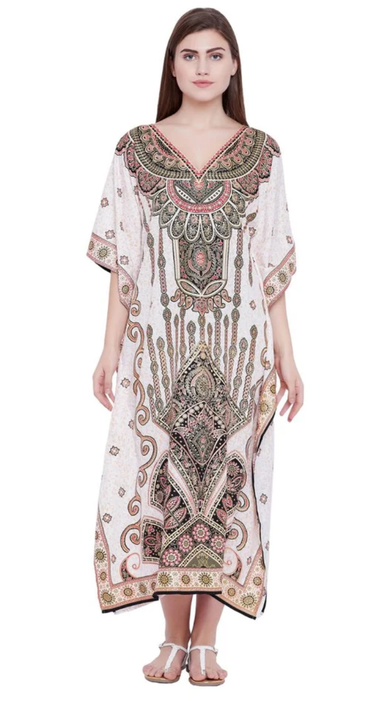 White Medallion Paisley Polyester Plus Size Kaftan for Women 1X-3X | GypsieBlu