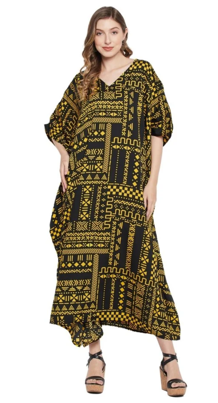 Olive Tribal Patchwork Polyester Plus Size Kaftan for Women 1X-3X | GypsieBlu