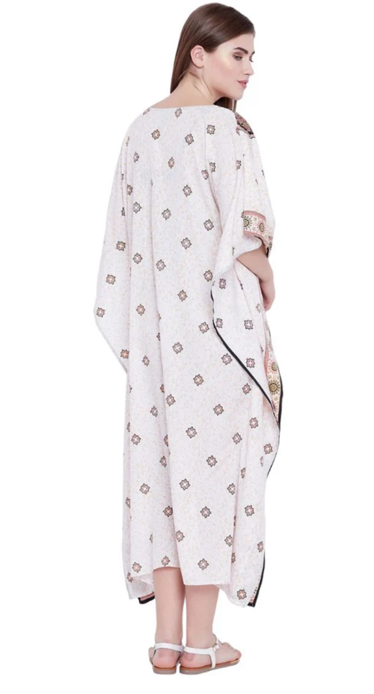 White Medallion Paisley Polyester Plus Size Kaftan for Women 1X-3X | GypsieBlu