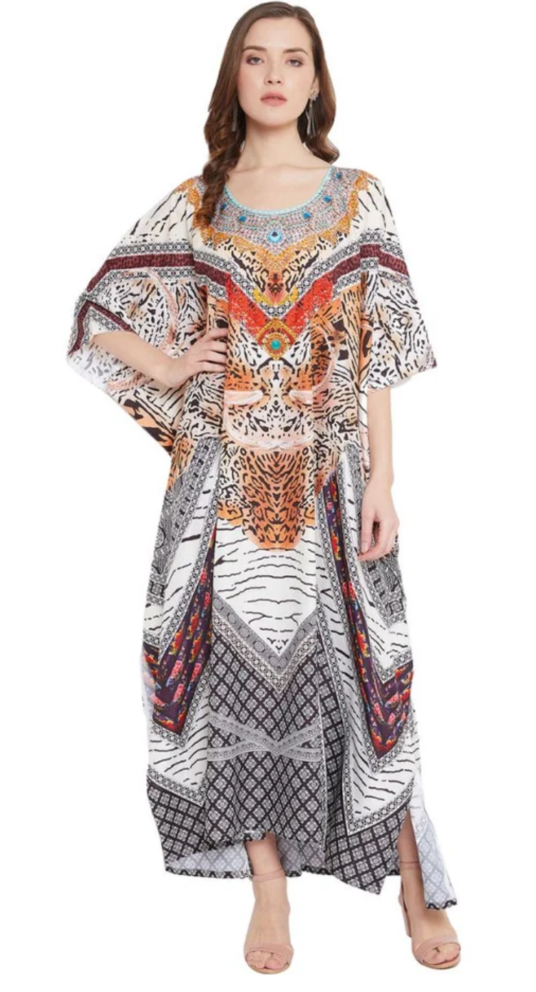 Multicolor Leopard Portrait Polyester Plus Size Kaftan Dress for Women 1X-3X | GypsieBlu