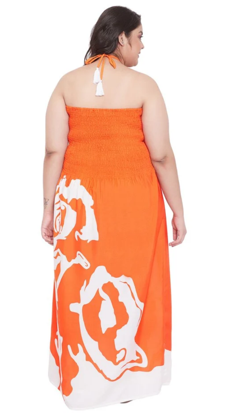 Orange Rose-Print Maxi Polyester Tube Dress for Women S-XL Sleeveless Halter Neck | GypsieBlu