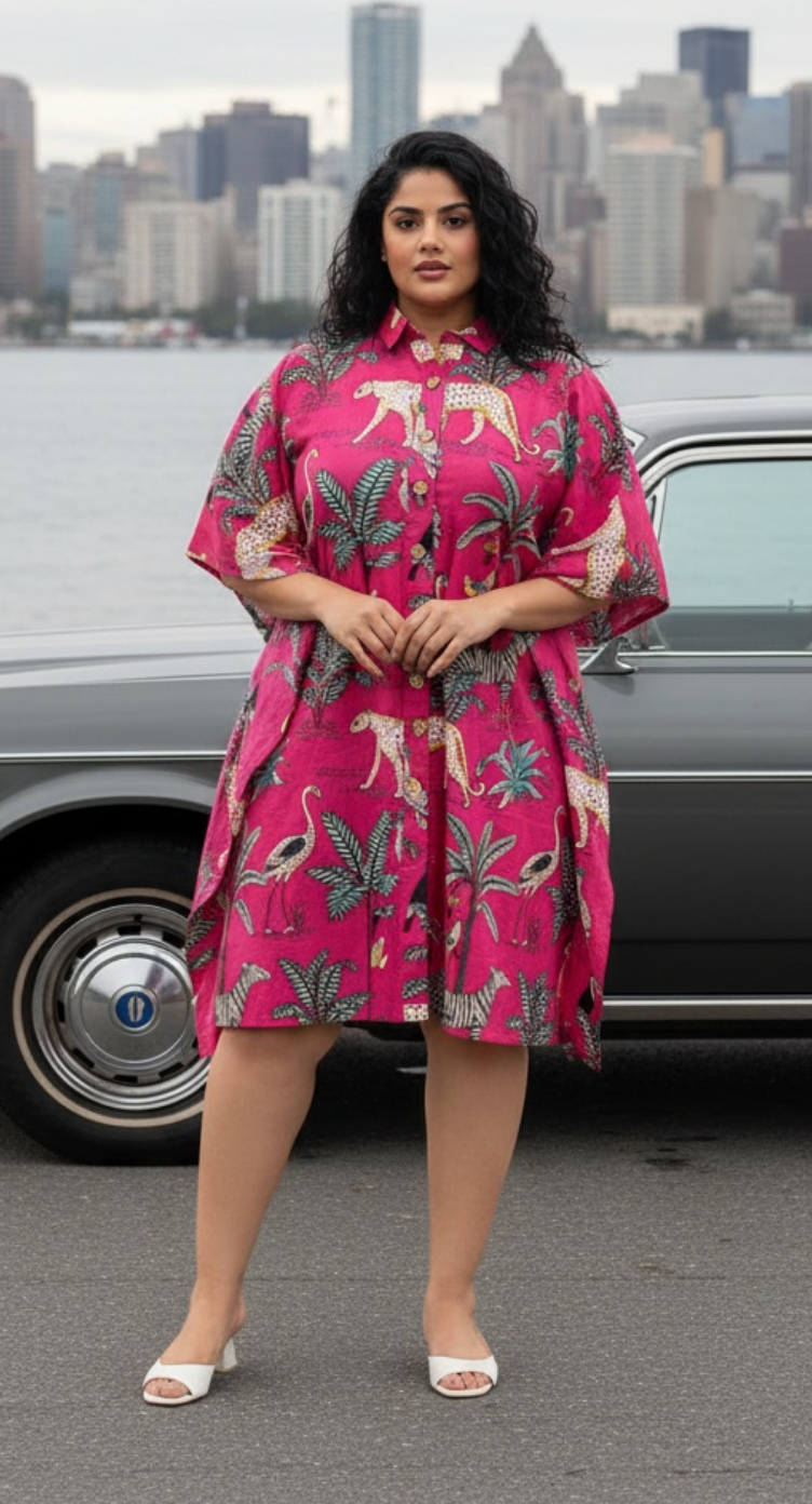 Open Button Tropical Print Pink Cotton Tunic For Plus Size Women