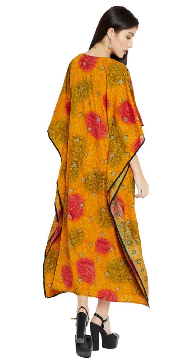 Yellow Medallion Paisley Polyester Plus Size Kaftan for Women 1X-3X | GypsieBlu